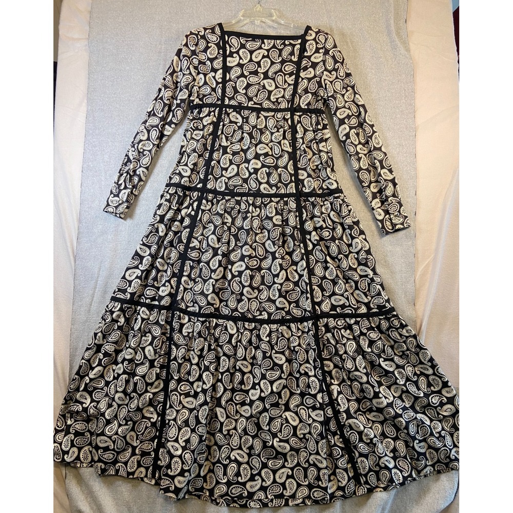 Vintage Bill Atkinson Glen Of Michigan Black White Paisley Peasant Dress Size 10 - Picture 4 of 5
